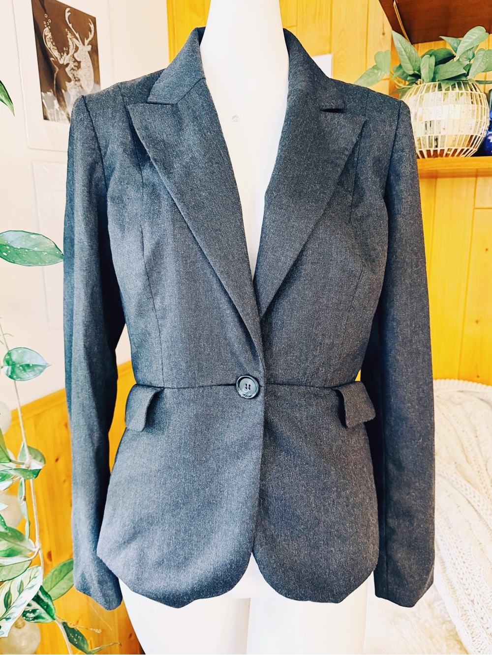 Ann Taylor LOFT Charcoal Gray One-Button Blazer Women Sz 8 Tailored Career Jacke